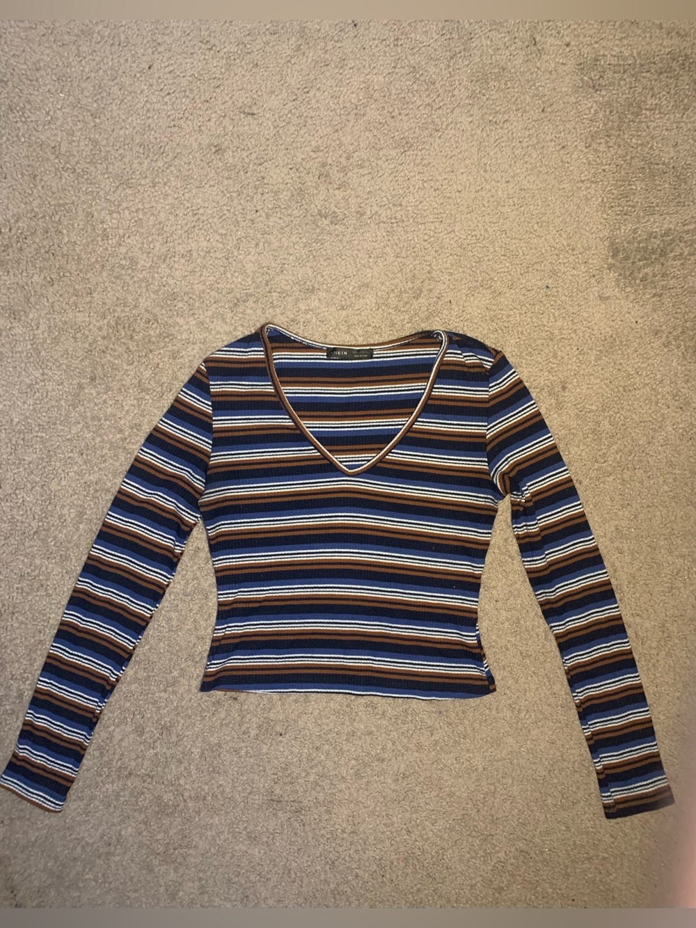 SHEIN Blue & Brown Striped V-Neck Long Sleeve Top